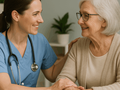 Nurse providing compassionate care management support to a senior patient at Priority Health Group in Las Vegas.