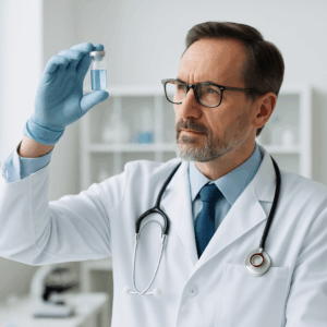 Middle-aged male doctor in a white lab coat examining a vial of blue liquid in a modern clinical research laboratory.