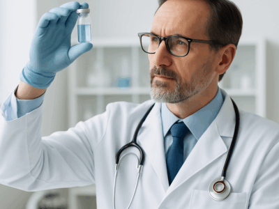 Middle-aged male doctor in a white lab coat examining a vial of blue liquid in a modern clinical research laboratory.