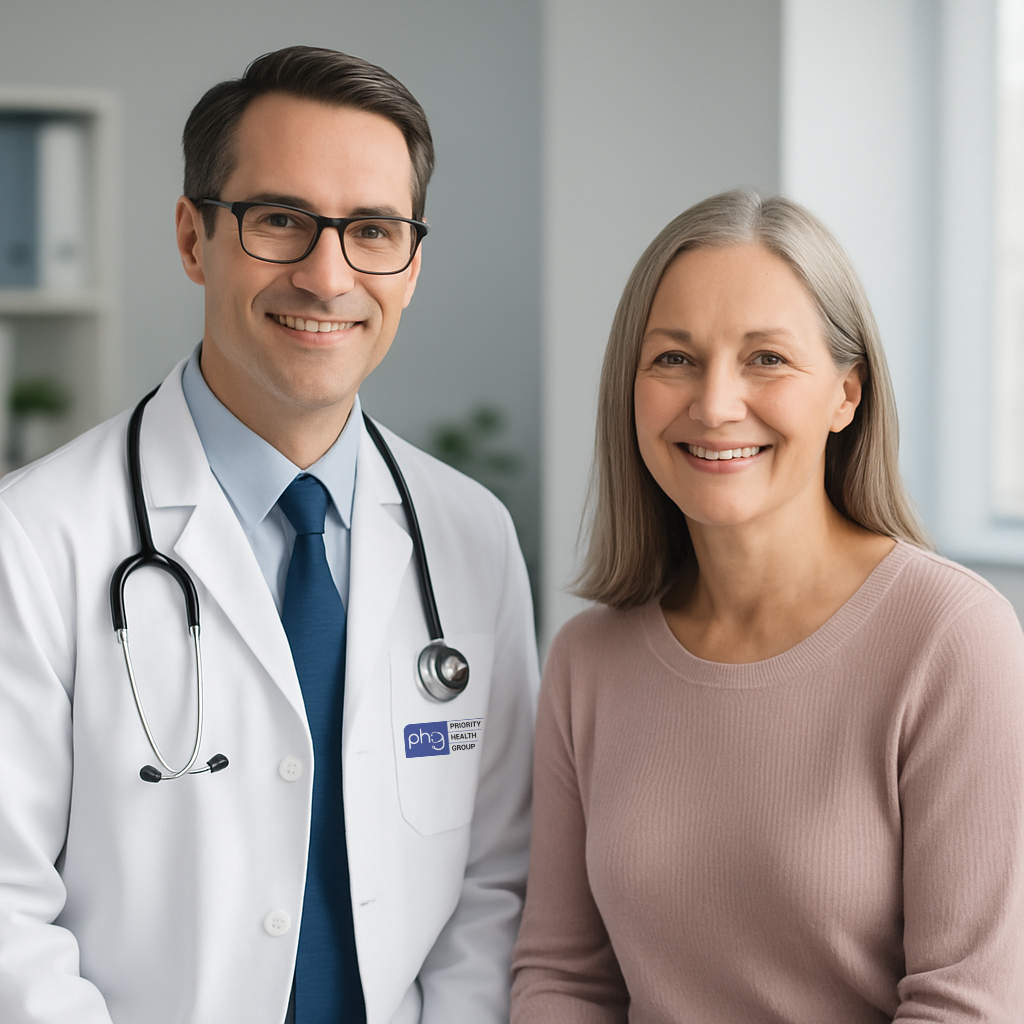 Friendly male doctor with glasses smiling alongside a female patient in a modern medical office at Priority Health Group Las Vegas.