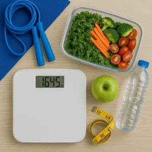 Weight loss management tools including healthy food, exercise equipment, and a scale, representing services at Priority Health Group in Las Vegas.
