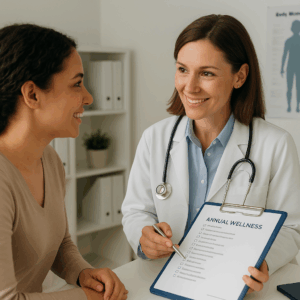 Doctor consulting with a patient during an annual wellness exam at Priority Health Group in Las Vegas.