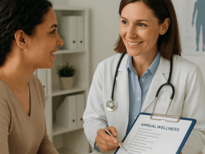 Doctor consulting with a patient during an annual wellness exam at Priority Health Group in Las Vegas.