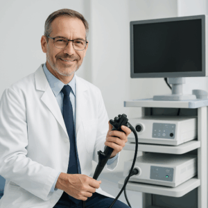 Smiling male gastroenterologist in a white lab coat holding an endoscope in a modern medical exam room with diagnostic equipment.