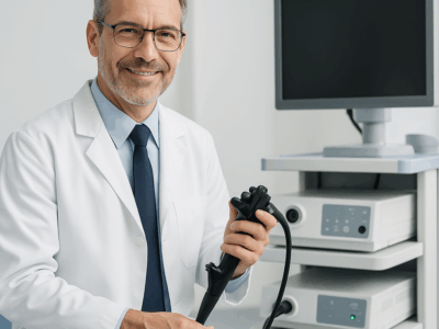 Smiling male gastroenterologist in a white lab coat holding an endoscope in a modern medical exam room with diagnostic equipment.