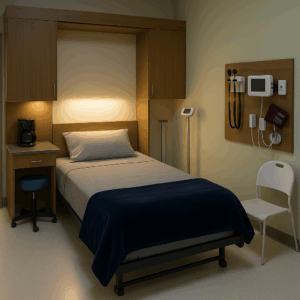 Modern sleep study room with a queen-sized bed, accent lighting, medical diagnostic equipment, and clean wood cabinetry in a healthcare facility.